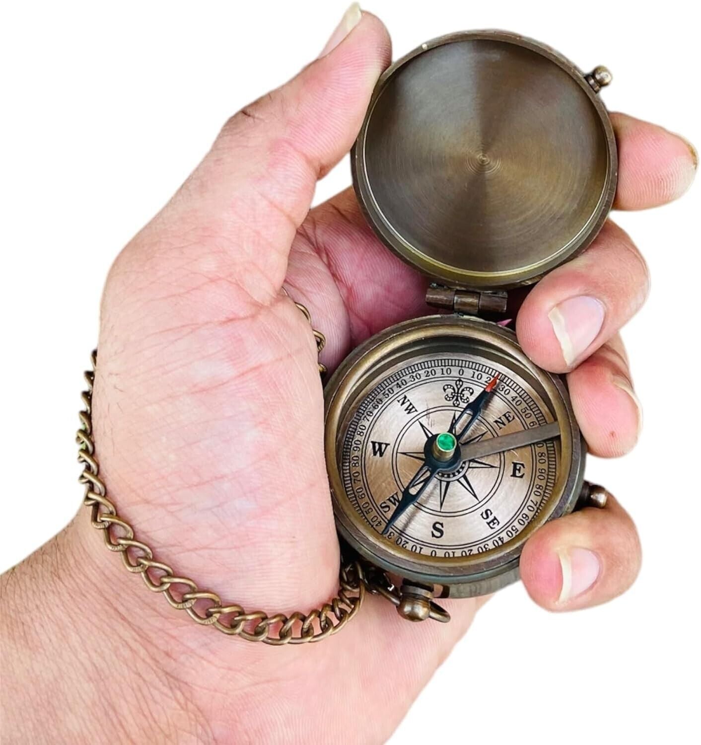 Antique Nautical Brass Engraved Pocket Compass with Free Leather Pouch